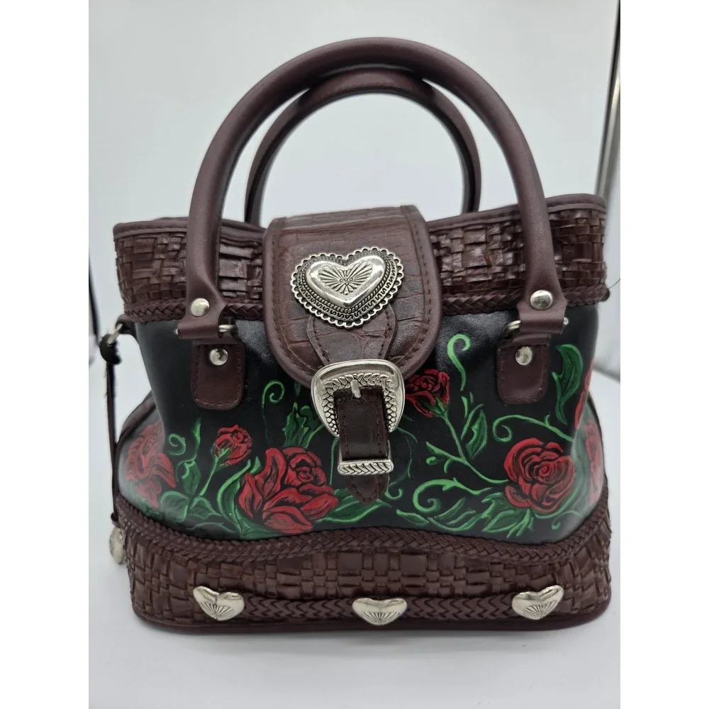 Vintage Black Brown Roses Handpainted Satchel Bag  Upcrafted Braided Woven Heart